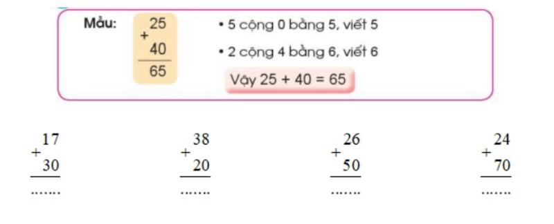 hướng dẫn giải sgk toán lớp 1 tập 2 trang 136 bài phép cộng dạng 25 + 4, 25 + 40 cánh diều